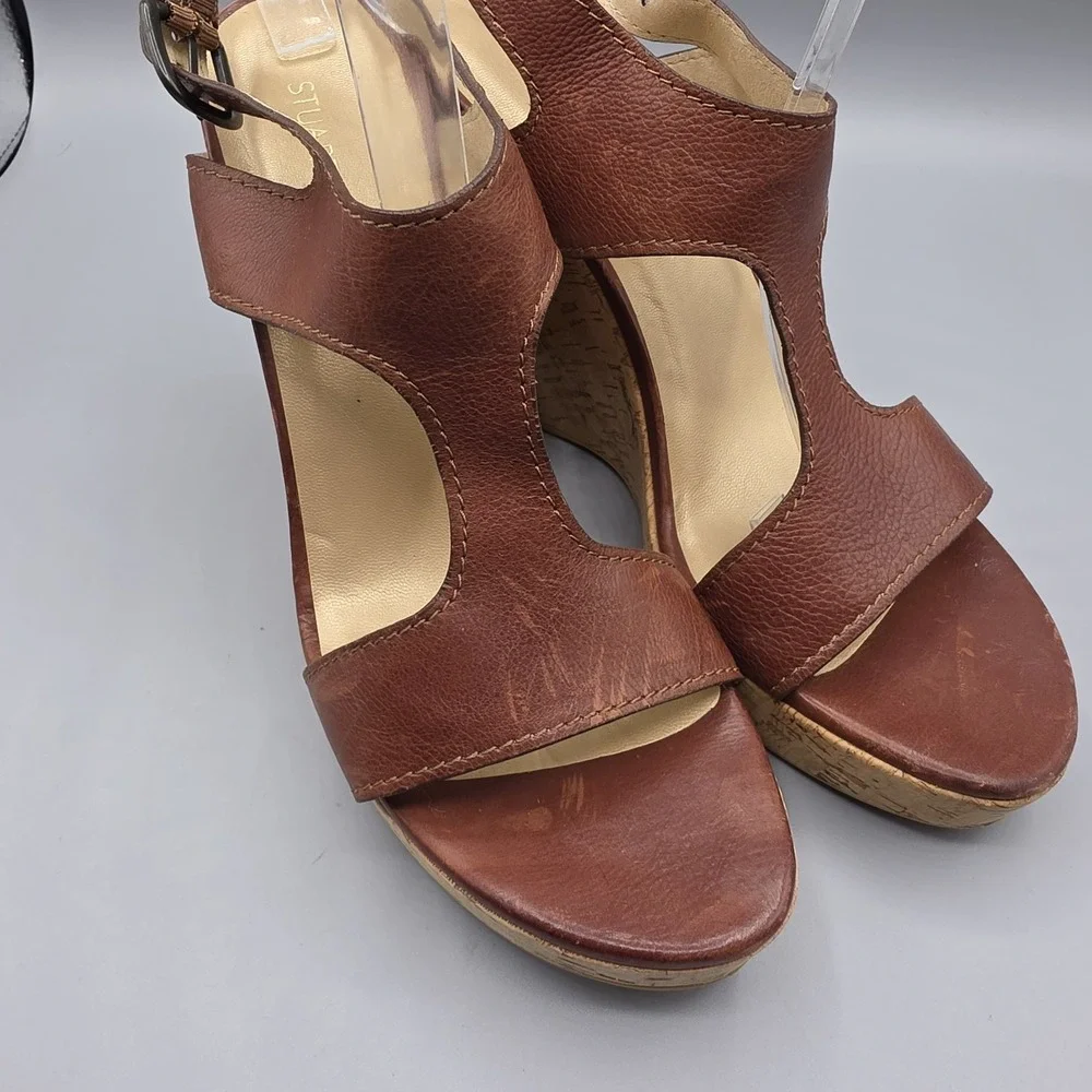 Stuart Weitzman Shoes Womens 9.5 Brown Leather Cork Wedge Ankle Strap Platform - Picture 2 of 13